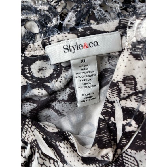 Style & Co Blouse Women Size XL Short Sleeve Black White Geometric Stretch Studs - Picture 11 of 11